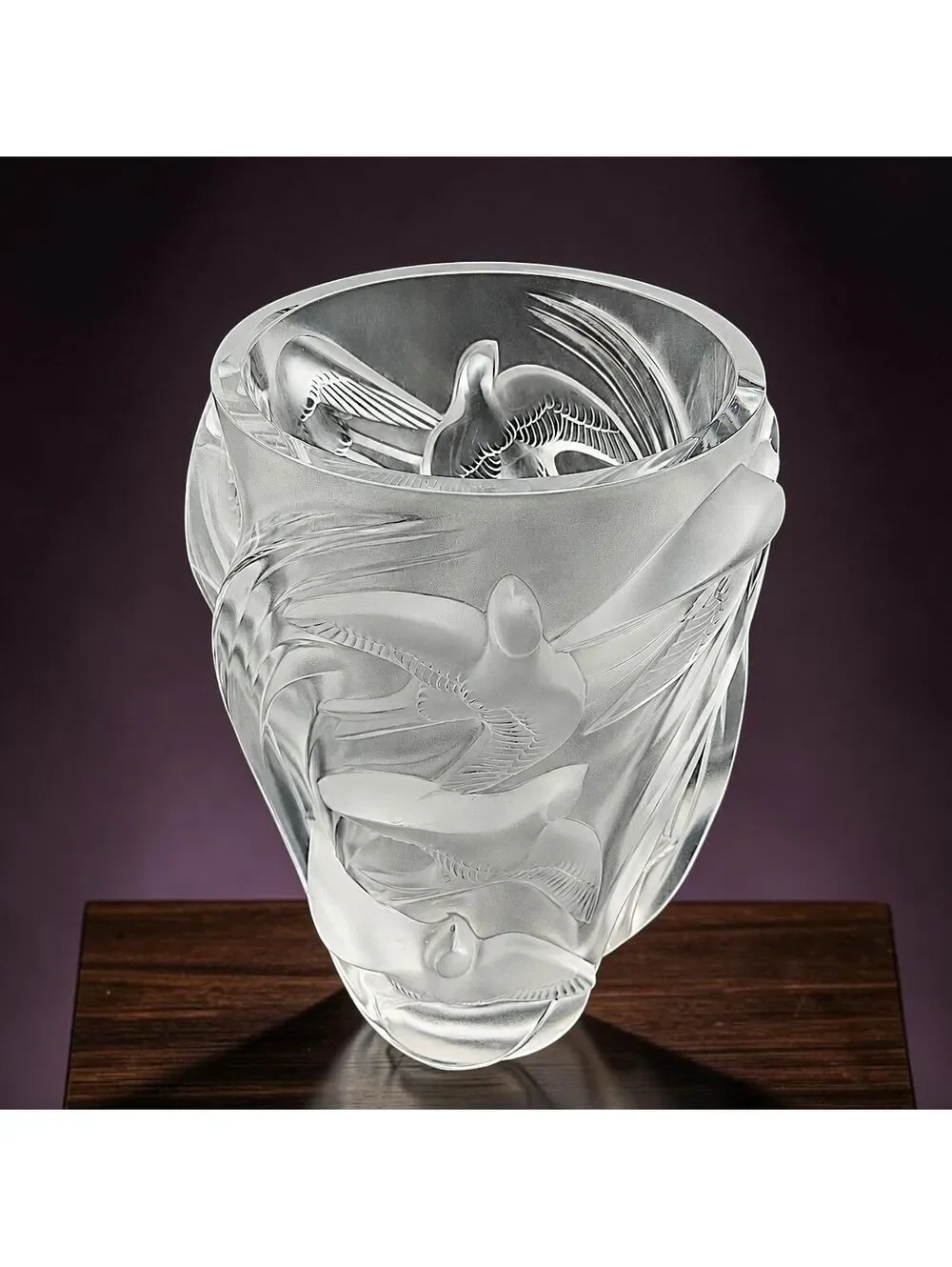 Vintage Large Lalique Martinets Large Frosted Crystal Swallows Vase France - 10